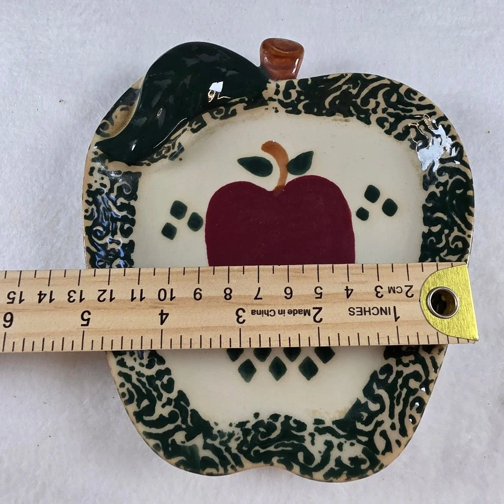 Apple Shaped Ceramic Trinket Dish Red Green Farmhouse Decor Small Plate 6 Inch‎